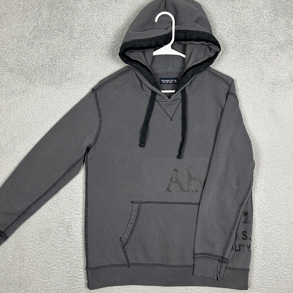 Abercrombie Fitch Hoodie Mens Medium Soft A&F Fleece Grey Graphic Pullover EUC